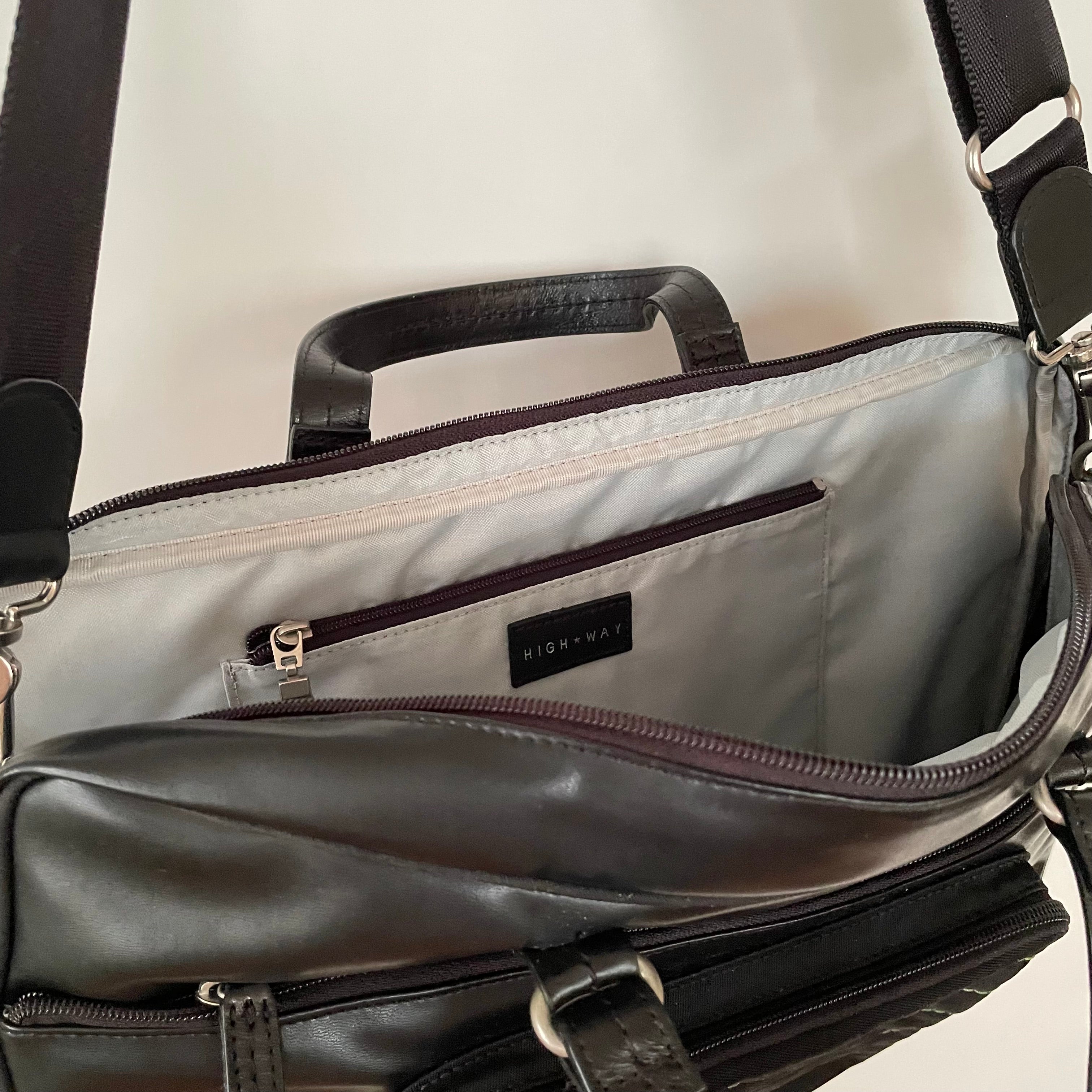 Premium Collection | Vegan Leather x Nylon x Leather Handles Briefcase with Stripe Stitch Accents | Black x Green
